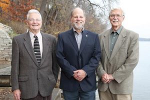 John Magnuson, Steve Carpenter, Jim Kitchell standing on Lakeshore Path by Lake Mendota