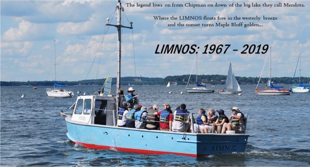 John Magnuson with group of Open House participants on Limnos 1 on Lake Mendota