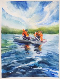 Watercolor artwork of Susan and Erin working from jon boat with reflection in water of Susan and Erin.